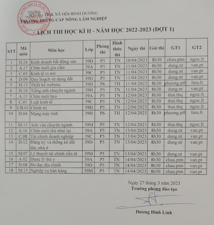 Lịch thi học kỳ 2 năm học 2022-2023 (đợt 1)
